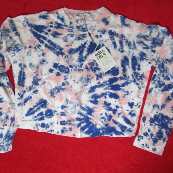 Pam & Gela Tops - Pam & Gela Cropped Tie-Dye Slouchy Tee - Top Shirt Long Sleeve Pink and Blue